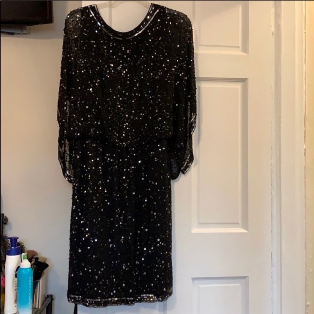 Patra Black Sequin Beaded Blouson Kimono Sleeve Midi Dress Size 14